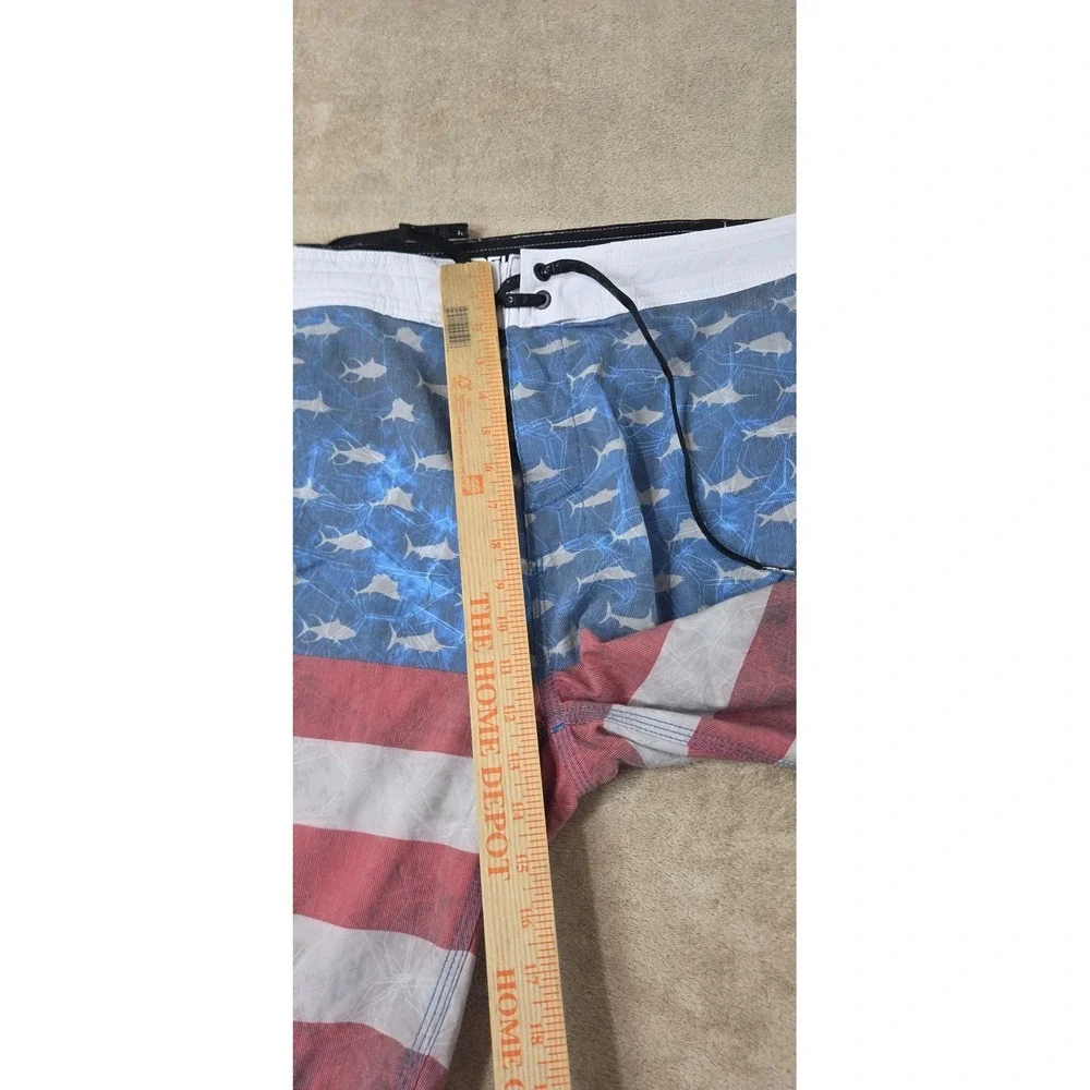 Pelagic High Performance Sharkskin Offshore Board Short 38 USA Flag Fish AOP EUC